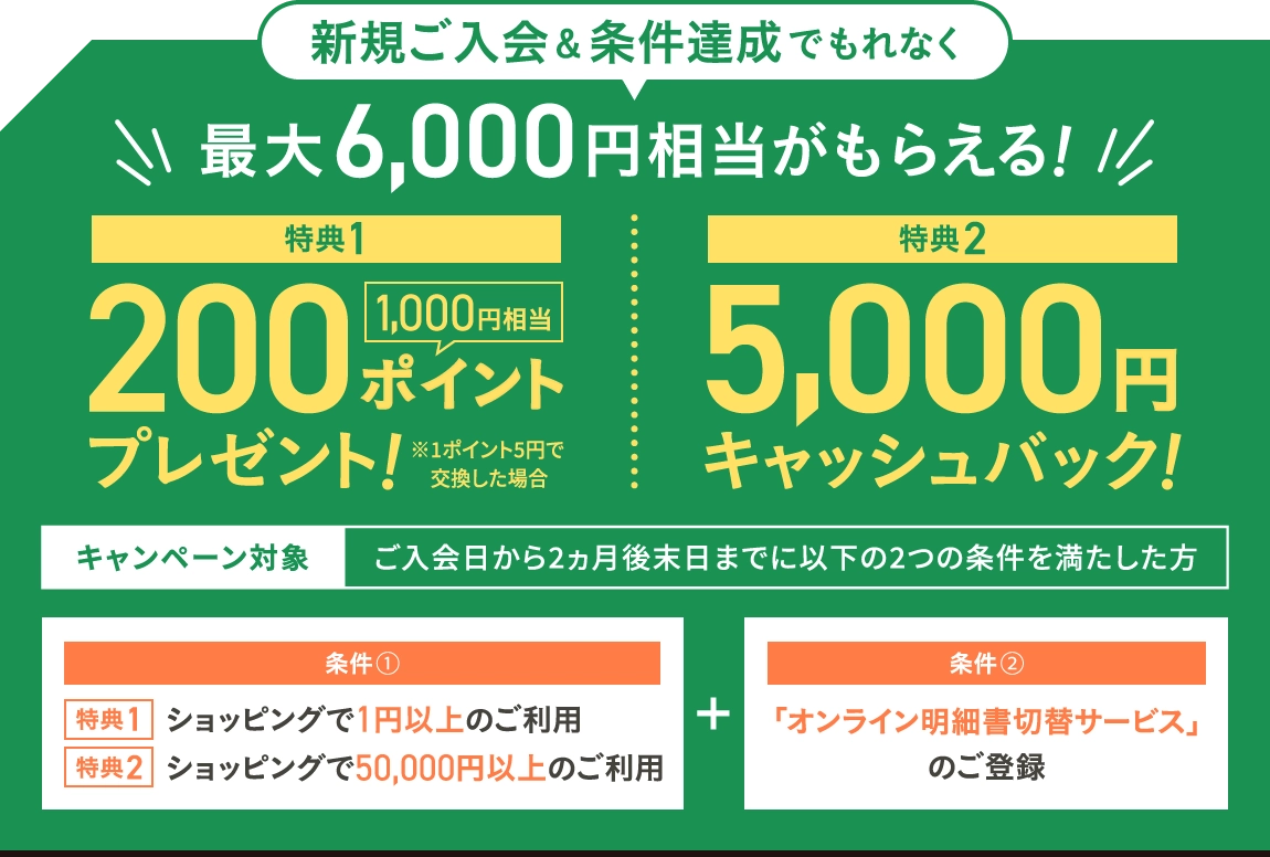 新規ご入会＆条件達成でもれなく最大6,000円相当がもらえる！