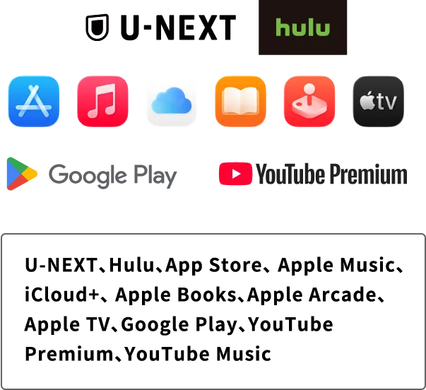 U-NEXT、Hulu、App Store、Apple Music、iCloud+、Apple Books、Apple Arcade、Apple TV、Google Play、YouTube Premium、YouTube Music