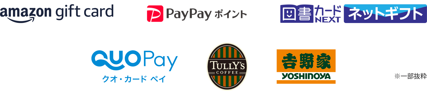 amazon gift card, PayPayポイント, 図書カードNEXTネットギフト, クオ・カード ペイ, TULLY'S COFFEE, 吉野家