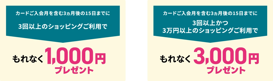 「カードご入会月を含む3ヵ月後の15日までに3回以上のショッピングご利用で、もれなく1,000円プレゼント」or「カードご入会月を含む3ヵ月後の15日までに3回以上かつ3万円以上のショッピングご利用で、もれなく3,000円プレゼント」