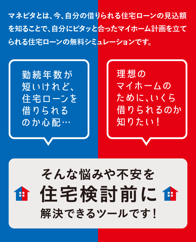 マネピタとは、今、自分の借りられる住宅ローンの見込額を知ることで、自分にピタッと合ったマイホーム計画を立てられる住宅ローンの無料シミュレーションです。