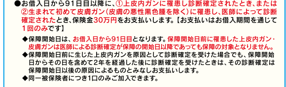 ●お借入日から91日目以降に、@上皮内ガンに罹患し診断確定されたとき、またはA生まれて初めて皮膚ガン(皮膚の悪性黒色腫を除く)に罹患し、医師によって診断確定されたとき、保険金30万円をお支払いします。 【お支払いはお借入期間を通じて1回のみです】◆保障開始日は、お借入日から91日目となります。保障開始日前に罹患した上皮内ガン・ 皮膚ガンは医師による診断確定が保障の開始日以降であっても保障の対象となりません。◆保障開始日前に生じた上皮内ガンを原因として診断確定を受けた場合でも、保障開始日からその日を含めて2年を経過した後に診断確定を受けたときは、その診断確定は保障開始日以後の原因によるものとみなしお支払いします。◆同一被保険者につき1口のみご加入できます。