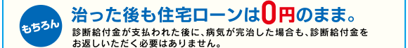 もちろん治った後も住宅ローンは0円のまま。診断給付金が支払われた後に、病気が完治した場合も、診断給付金をお返しいただく必要はありません。