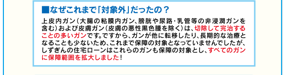 ■なぜこれまで「対象外」だったの?上皮内ガン(大腸の粘膜内ガン、膀胱や尿路・乳管等の非浸潤ガンを含む)および皮膚ガン(皮膚の悪性黒色腫を除く)は、切除して完治することの多いガンです。ですから、ガンが他に転移したり、長期的な治療となることも少ないため、これまで保障の対象となっていませんでしたが、しずぎんの住宅ローンはこれらのガンも保障の対象とし、すべてのガンに保障範囲を拡大しました!