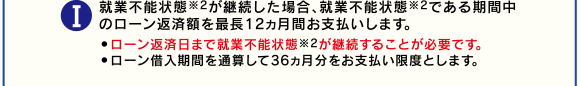 I就業不能状態※2が継続した場合、就業不能状態※2である期間中のローン返済額を最長12ヵ月間お支払いします。●ローン返済日まで就業不能状態※2が継続することが必要です。●ローン借入期間を通算して36ヵ月分をお支払い限度とします。