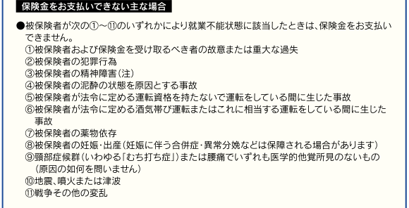 保険金をお支払いできない主な場合●被保険者が次の@〜Jのいずれかにより就業不能状態に該当したときは、保険金をお支払いできません。@被保険者および保険金を受け取るべき者の故意または重大な過失A被保険者の犯罪行為B被保険者の精神障害(注)C被保険者の泥酔の状態を原因とする事故D被保険者が法令に定める運転資格を持たないで運転をしている間に生じた事故E被保険者が法令に定める酒気帯び運転またはこれに相当する運転をしている間に生じた事故F被保険者の薬物依存G被保険者の妊娠・出産(妊娠に伴う合併症・異常分娩などは保障される場合があります)H頸部症候群(いわゆる「むち打ち症」)または腰痛でいずれも医学的他覚所見のないもの(原因の如何を問いません)I地震、噴火または津波J戦争その他の変乱