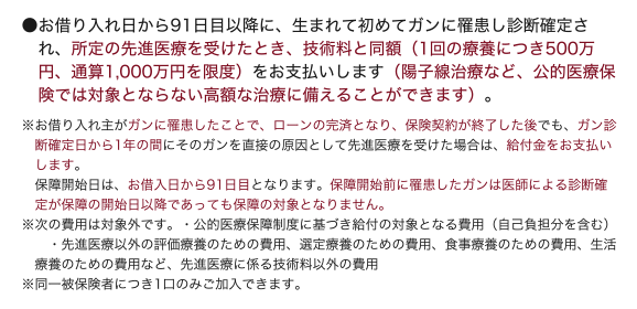 ●お借入日から91日目以降に、生まれて初めてガンに罹患し診断確定され、所定の先進医療を受けたとき、技術料と同額(1回の療養につき500万円、通算1,000万円を限度)をお支払いします(陽子線治療など、公的医療保険では対象とならない高額な治療に備えることができます)。◆お借入主がガンに罹患したことで、ローンが完済となり、保険契約が終了した後でも、ガン診断確定日から1年の間にそのガンを直接の原因として先進医療を受けた場合は、給付金をお支払いします。◆保障開始日は、お借入日から91日目となります。 保障開始日前に罹患したガンは医師による診断確定が保障の開始日以降であっても保障の対象となりません。◆次の費用は対象外です。 ●公的医療保険制度に基づき給付の対象となる費用(自己負担分を含む) ●先進医療以外の評価療養のための費用、選定療養のための費用、食事療養のための費用、生活療養のための費用など、先進医療に係る技術料以外の費用◆同一被保険者につき1口のみご加入できます。