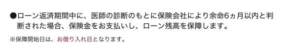 ●ローン返済期間中に、医師の診断をもとに保険会社により余命6ヵ月以内と判断された場合、保険金をお支払いし、ローン残高を保障します。◆保障開始日は、お借入日となります。