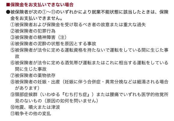 �ی��������x�����ł��Ȃ���ȏꍇ����ی��҂�����@�`J�̂����ꂩ�ɂ��A�ƕs�\��ԂɊY�������Ƃ��́A�ی��������x�����ł��܂���B@��ی��҂���ѕی������󂯎��ׂ��҂̌̈ӂ܂��͏d��ȉߎ�A��ی��҂̔ƍߍs��B��ی��҂̐��_��Q�i���jC��ی��҂̓D���̏�Ԃ������Ƃ��鎖��D��ی��҂��@�߂ɒ�߂�^�]���i�������Ȃ��ŉ^�]�����Ă���Ԃɐ���������E��ی��҂��@�߂ɒ�߂���C�тщ^�]�܂��͂���ɑ�������^�]�����Ă���Ԃɐ���������F��ی��҂̖򕨈ˑ�G��ی��҂̔D�P�E�o�Y�i�D�P�ɔ��������ǁE�ُ핪�؂Ȃǂ͕ۏႳ���ꍇ������܂��jH�򕔏ǌ�Q�i������u�ނ��ł��ǁv�j�܂��͍��ɂł��������w�I���o�����̂Ȃ����́i�����̔@����₢�܂���jI�n�k�A���΂܂��͒ÔgJ�푈���̑��̕ϗ�