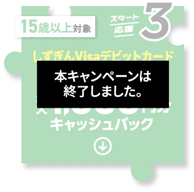 15歳以上対象、しずぎんVisaデビットカードのご利用で最大1,000円分キャッシュバック【本キャンペーンは終了しました。】